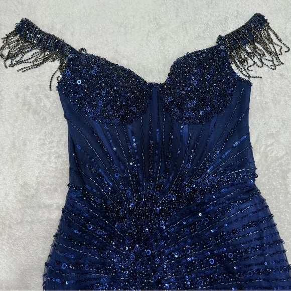 Navy Beaded Off-Shoulder Prom Dress